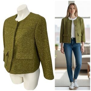 A New Day Blazer Womens 12 Jacket Green Gold Metallic Wool Blend Pockets Lined